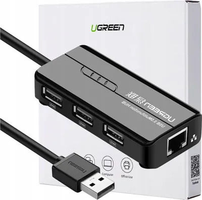 Produktbild von Ugreen Netzwerk Adapter Rj45 / Usb-A 10/100Mbps Hub 3X Usb-A 2.0 Schwarz