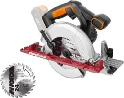 A cordless circular saw and a separate saw blade are shown against a white background.
