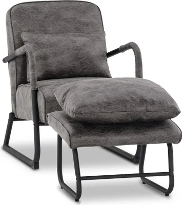 Immagine prodotto di Poltrona MCombo con sgabello per soggiorno, poltrona relax retro vintage con cuscino in vita, poltrona lounge poltrona imbottita in tessuto microfibra, 4742 (grigio scuro)