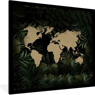 Produktbild von MuchoWow® MuchoWow® Gerahmtes Poster Weltkarte - Blumen - Tropische Pflanzen 40x40 cm - Poster mit zchwarzem Bilderrahmen - Mit Rahmen - Wanddekoration Schlafzimmer