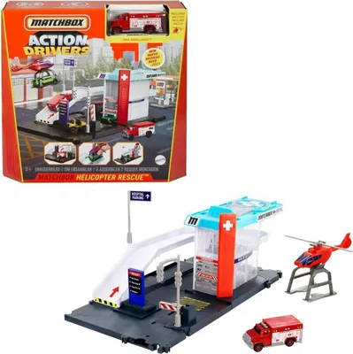 Produktbild von Mattel GVY83 - Matchbox - Action Drivers - Helicopter Rescue, Spielset mit Fahrzeug, 1:64