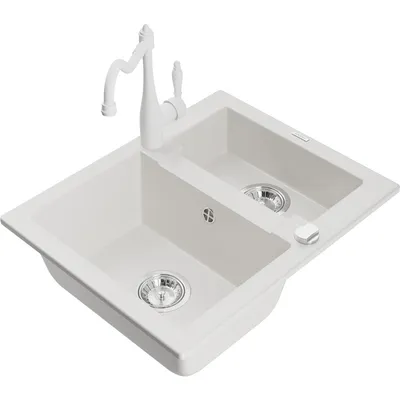 Obrázek produktu pro Mexen Carlos 1,5-miskový granitový dřez s kuchyňskou baterií Carla, Bílá - 6518-20-670700-20