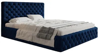 Obrázek produktu pro Čalouněná postel 200x200 Furis – úložný prostor, samet, kovový rošt – dvojlůžko Chesterfield, modrá