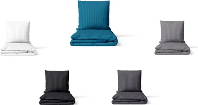 Five folded bedding sets are displayed against a white background, each with a pillow on top.