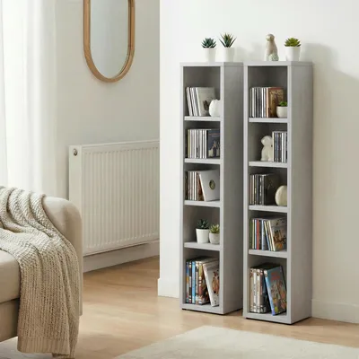 Produktbild von CD DVD Blueray Regal CHART in Betonoptik – Zweiteiliges Medienregal, Aufbewahrung, CD-Ständer mit 10 Fächern für bis zu 160 CDs, 20x187 cm (B x H)