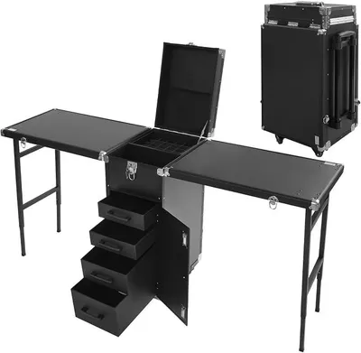 Produktbild von Kosmetikkoffer Trolley Faltbar Erweiterbar 2-Tisch&4-Schublade mit Teleskopgriff Zahlenschloss Schminktisch Schminkkoffer Make-Up-Koffer Kosmetik Koffer Nagelkoffer Nageltisch Friseurkoffer (Schwarz)