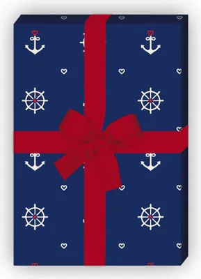 Produktbild von Maritimes Geschenkpapier zum Einpacken mit Herz, Anker und Steuerrad, blau - G10280, 32 x 48cm