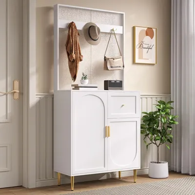 Image de Merax Ensemble de vestiaires, vestiaire compact avec étagère et armoire à chaussures, armoire murale pour hall & entrée, meuble d'entrée armoire à panneaux, blanc + or