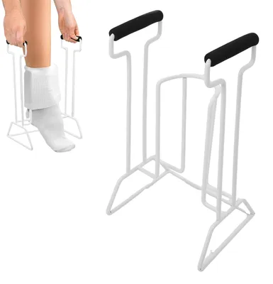 Image de Aide à enfiler les chaussettes Premium - Attelle pour chaussettes - Aide à enfiler les bas de compression - Ergonomique - Structure en acier renforcée - Longueur : 38 cm