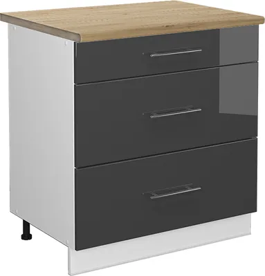 Produktbild von Küchenunterschrank Vicco Fame-Line Anthrazit Hochglanz 80 cm mit 3 Schubladen, AP Eiche, Model 46237