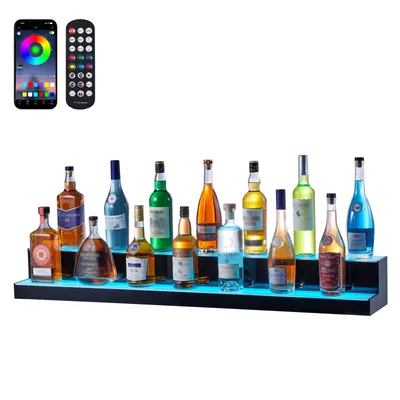 Zdjęcie produktu dla VEVOR stojak barowy na wino, podświetlany LED stojak barowy do domu z pilotem RF i sterowaniem aplikacją, 2-poziomowy akrylowy stojak oświetleniowy na napoje, wolnostojący stojak na butelki wina 121 x 20 x 15 cm