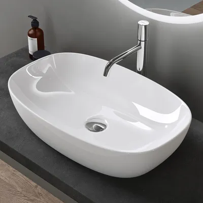 Image de doporro Lavabo Vasque à Poser Blanc 60x39,5x14 cm Lave Mains Ovale en Céramique Revêtement NANO Easy Clean Brüssel104