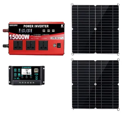 Zdjęcie produktu dla Zestaw paneli słonecznych, zawierający dwa panele słoneczne, falownik i regulator ładowania, zestaw solarny 220V