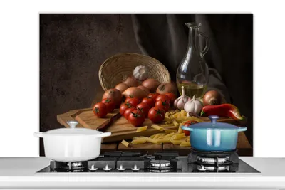 Obrázok produktu pre MuchoWow® Splashback Kuchyňa - Kuchynský backsplash - Ochrana steny pre sporák a drez Doska na krájanie - Zelenina - Zátišie - Cestoviny - Vonku -