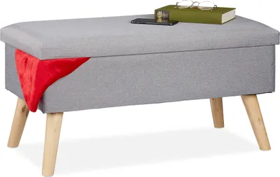Produktbild von Relaxdays Sitzbank mit Stauraum, gepolsterte Truhenbank, modern, Holzbeine, Stoffbezug, HxBxT: 39 x 77 x 39 cm, hellgrau