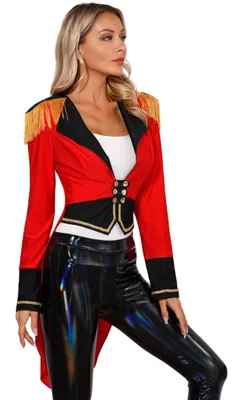 A woman is modeling a red, black, and gold circus director-style jacket with black leggings.