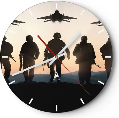 Produktbild von Wanduhr - Rund - Glasuhr - Armee Militaria - 30x30cm - Schleichendes Uhrwerk - Lautlos - zum Aufhängen bereit - Dekoration Modern - Wanddekoration aus Glas - C3AR30x30-3436