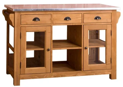 Produktbild von Casa Padrino Landhausstil Kücheninsel mit zerzinkter Arbeitsplatte Naturfarben / Silber 135 x 65 x H. 90 cm - Landhausstil Küchenschrank mit 4 Glastüren und 6 Schubladen