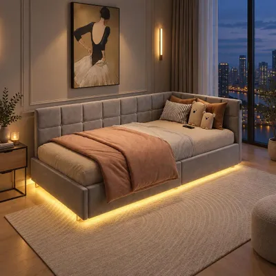 Obrázok produktu pre INONEFT Čalúnená posteľ Daybed, 90 x 200 cm, rozkladacia pohovka s LED osvetlením a USB portom, posteľ pre mládež s hydraulickým úložným priestorom, rám postele s latkovým roštom, zamat, sivá farba