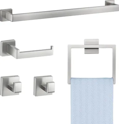 Produktbild von Bad-Accessoires Set - 5-teilig - Edelstahl 304 - Handtuchstange - Quadratischer Handtuchring - 2 Haken - Toilettenpapierhalter - Wandmontage - Silber