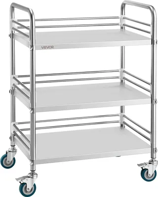 Produktbild von VEVOR Edelstahlwagen 3-stöckiger Rollwagen für Labor & Küche mit Feststellbaren Rädern, Servierwagen für Medizinische Einrichtungen, Mobiles Serviertablett für Krankenhäuser Restaurants Küchen