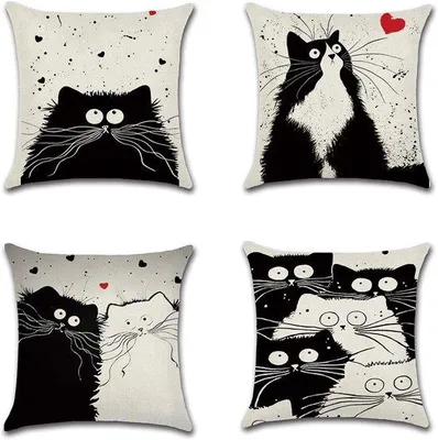 Produktbild von Famanu Kissenbezüge Set von 4 - Katzenmuster für Sofa und Büro - Baumwolle und Leinen - 45x45 cm