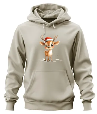 Productafbeelding van Kerstrendier aquarel, schattige kerstmanhoed, cadeau, voor kinderen, lief, uni, hoodie, sweater, natuur, maat S