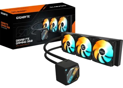 Produktbild von GIGABYTE GAMING 360 Flüssigkeitskühler für CPU - 3x120 mm ARGB-Lüfter, Schiebe-Verriegelungsmechanismus, DAISY-CHAIN, Kompatibel mit Intel LGA 1851 und AMD AM5, All-in-One-Flüssigkeitskühler, 12 cm, Schwarz
