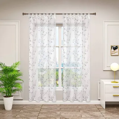 Produktbild von WOLTU 2er-Set Gardinen Vorhang transparent Blumen Stickerei mit Schlaufen Leinen Optik, Doppelpack Fensterschal Grau 140x245 cm