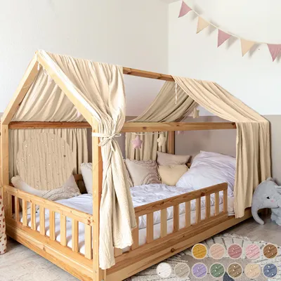 Produktbild von Musselin Hausbett Himmel für Kinderzimmer mit Gold Applikation