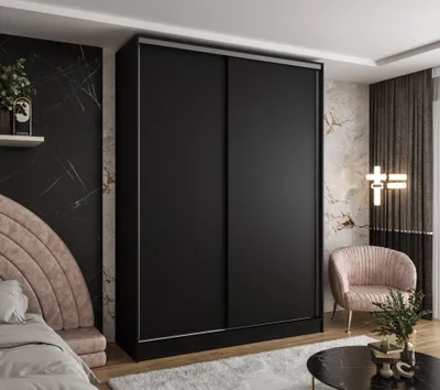 Produktbild von Moderner 2-türiger Kleiderschrank mit Schiebetüren in Schwarz 120x58x250 cm – mit 2 Schubladen – für Schlafzimmer, Flur und Ankleidezimmer