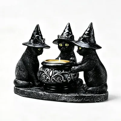 Halloween-Kerzenhalter mit Hexe und Katzen, Harz, 1 St.