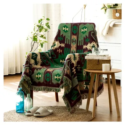 Produktbild von Wendbare Baumwollgewebte Decke mit Quasten im Böhmischen Geometrischen Muster für Bett, Couch, Sessel, Camping, Wandteppich, Tischdecke