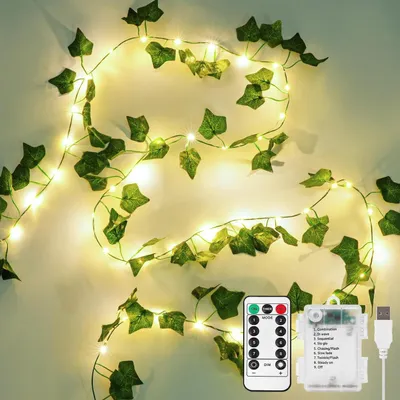 Zdjęcie produktu dla Girlanda świetlna "Bluszcz", 10 metrów, 100 diod LED, ciepła biel, zasilanie bateryjne i USB, 8 trybów, timer