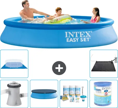 Produktbild von Intex runder aufblasbarer Easy Set-Schwimmpool – 305 x 61 cm – Blau – inklusive Pumpe Abdeckung - Wartungspaket - Filter - Bodenplane - Solarmatte