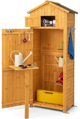 Produktbild von Holz-Gartenschrank, Khaki-Farbe - 65 x 42 x 180,5 cm - Wasserdichter Werkzeugschrank