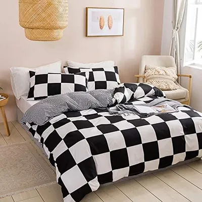 Obrázek produktu pro Ložní prádlo 200 x 200 cm, kostkované, sada povlečení, černobílé, sada povlečení na dvojlůžko, 3dílná sada, velikost King Size, geometrický vzor, oboustranné povlečení se zipem