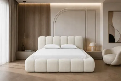 Obrázok produktu pre Moderná calúnená postel Sofello 90 – 200 × 200 s jemným prešívaním v odtieni BUBICreme, bouclé látka Teddystoff 140 × 200 s úložným priestorom, matracom a sklopným dreveným roštom