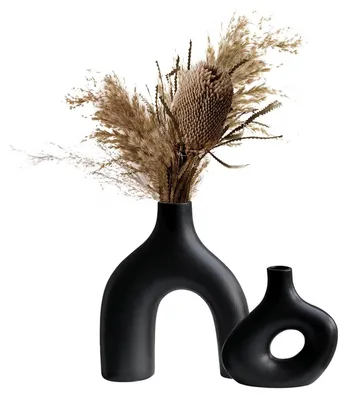 Produktbild von Keramik Vase Set 2-teilig Schwarz Matt Modern Deko für Wohnzimmer, Pampasgras, Blumen