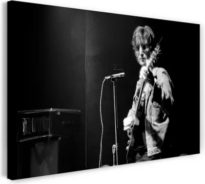 Produktbild von Leinwandbild (80x60cm): John Lennon mit Gitarre Rock-Legende The Beatles schwarz weiss, echter Holz-Keilrahmen inkl. Aufhänger, handgefertigt in Deutschland