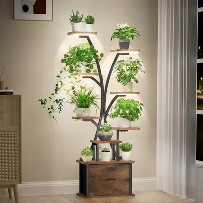 Image de Support pour plantes avec lampe – 9 niveaux, support pour fleurs en métal et bois avec tiroir, support pour fleurs de 165 cm de haut pour l'intérieur, étagère pour plantes avec éclairage pour l'intérieur, le jardin et le balcon