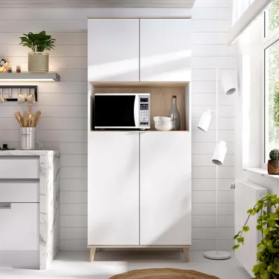 Produktbild von Sideboard Dmerka, Wohnzimmer-Pantry-Buffet, modernes Wohnzimmer-Sideboard mit 4 Türen, 80 x 40 x 191 cm, Weiß und Eiche