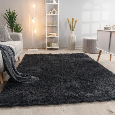 Produktbild von Hochflor Teppich Shaggy waschbar Unifarben Schlafzimmer schmutzabweisend Anthrazit Läufer 80x150 | 100% Polyester | Florhöhe: 33 mm | pflegeleicht
