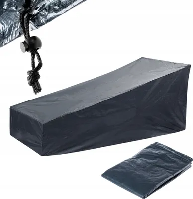 A dark gray tarp cover for outdoor furniture, shown on a white background. A folded tarp is also visible in the lower right corner.