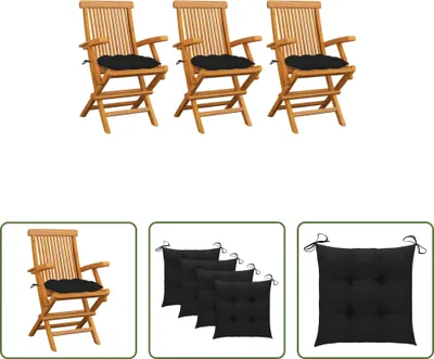 Produktbild von The Living Store Gartenstühle mit Schwarzen Kissen 3 Stk. Massivholz Teak
