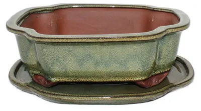 Obrázek produktu pro Miska na bonsaje s podšálkem, velikost 4, olivově hnědá, haitang/ovalná, model I4, délka 26 cm, šířka 20,5 cm, výška 8,5 cm