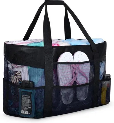 Produktbild von Unyqoos® XXL Strandtasche für Damen – 50 x 40 x 19 cm, faltbare Mesh-Strandtasche mit Reißverschluss, 7 Außennetztaschen & wasserfestem Fach