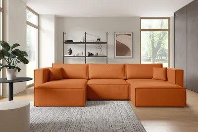 Produktbild von Furnisell U Form Sofa Velour Ecksofa Bettkasten Schlaffunktion "KEYMON U", Orange