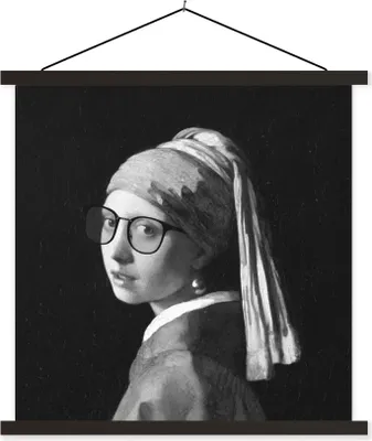 Produktbild von MuchoWow® Textilposter Das Mädchen mit dem Perlenohrring - Johannes Vermeer - Schwarz und weiß 60x60 cm mit schwarzem Rahmen - Posteraufhänger