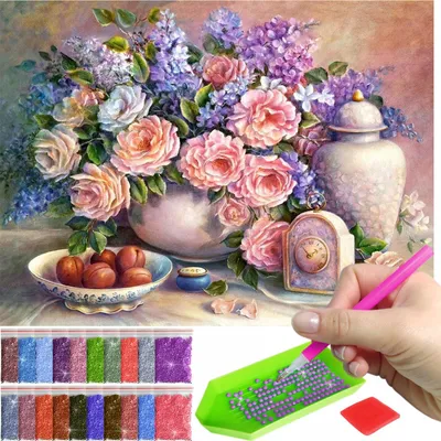 Produktbild von ARTULIO - Diamond Painting Set - Blumen Stillleben im Vase - 40 x 30 cm - Bilder DIY, Crystal Art, Komplettset Mosaik + Zubehör